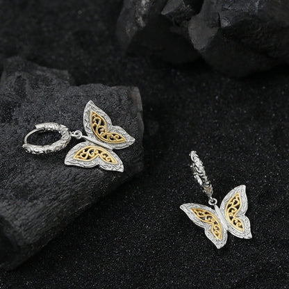 Korean Style Gold and Silver Color Block Pure Silver925s Tang Grass Pattern Butterfly Earrings Studs for Women Fashion Versatile Light Luxury