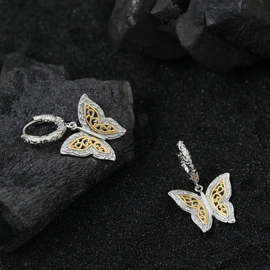Korean Style Gold and Silver Color Block Pure Silver925s Tang Grass Pattern Butterfly Earrings Studs for Women Fashion Versatile Light Luxury