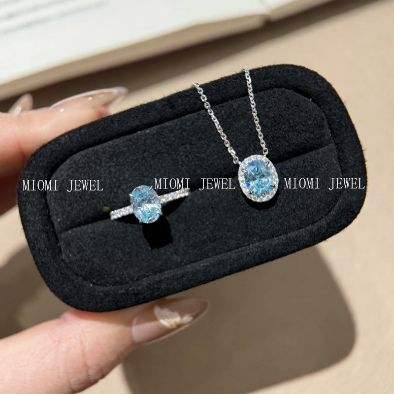 S925 Sterling Silver Aquamarine Water Drop Oval Ring Earrings Necklace Versatile High-End Niche Jewelry Set