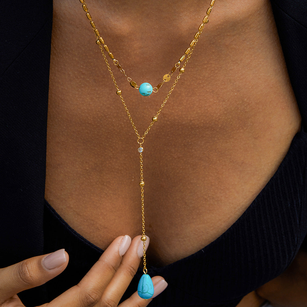 Blue Turquoise Double Layer Titanium Steel Long Necklace Accessories Women Light Luxury High-end Sense Y Chain Stainless Steel Jewelry