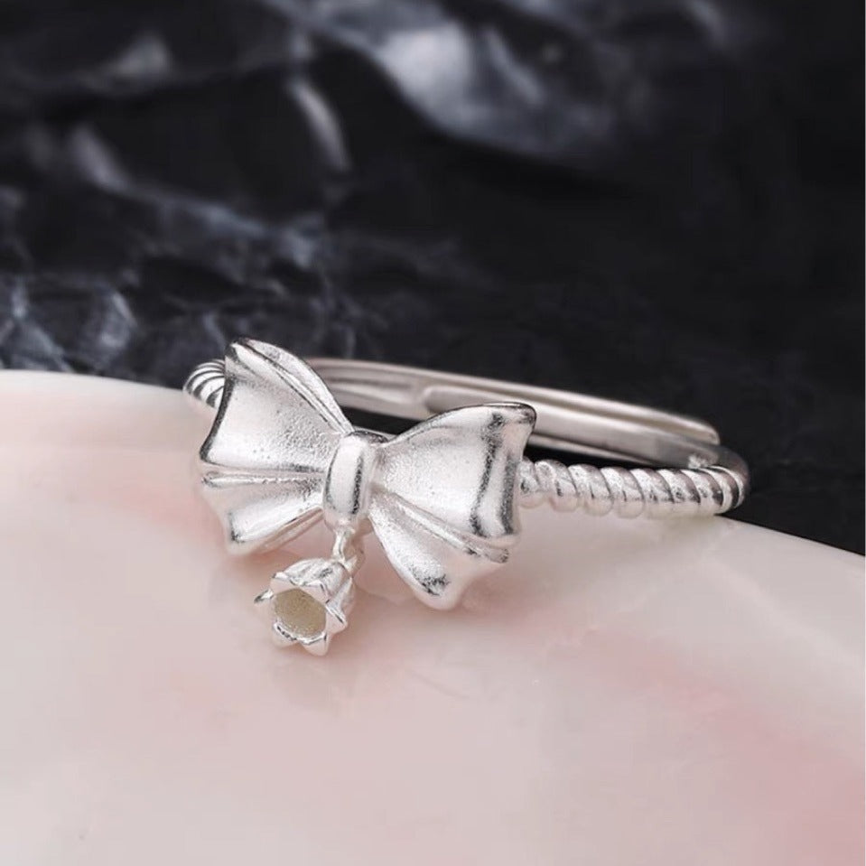 Korean Version Pure Silver S925 Bowknot Ring for Women, Runaway Princess Fashion Bell Twist Mori Style Frosted Lily of the Valley