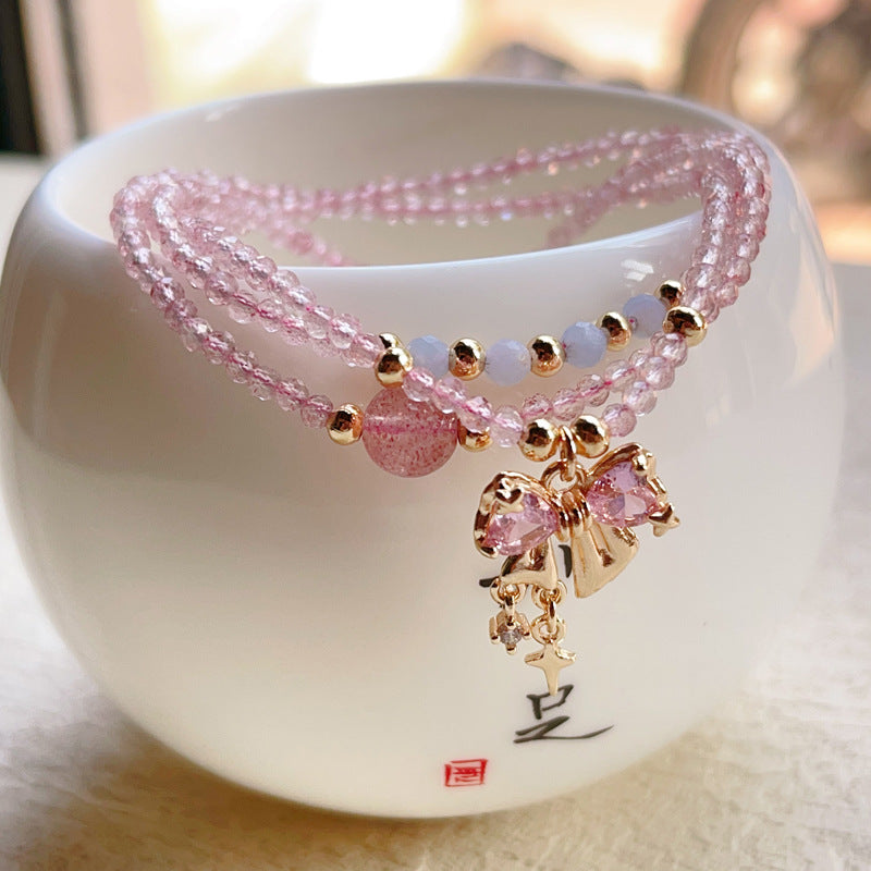 Natural Faceted Strawberry Quartz with Aquamarine Multi-layer Three-circle Bracelet and Necklace Dual-use