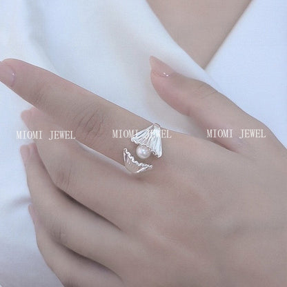 S925 Sterling Silver Beach Shell Tree Shadow Freshwater Pearl Ring for Women, Niche Design, Adjustable Open Smart Tail Ring