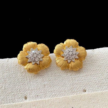 Pure Silver S925 Brushed Craft Color-Plated Wealth Flower Earrings Fashionable Light Luxury Exquisite High-Grade Inlaid with Diamonds