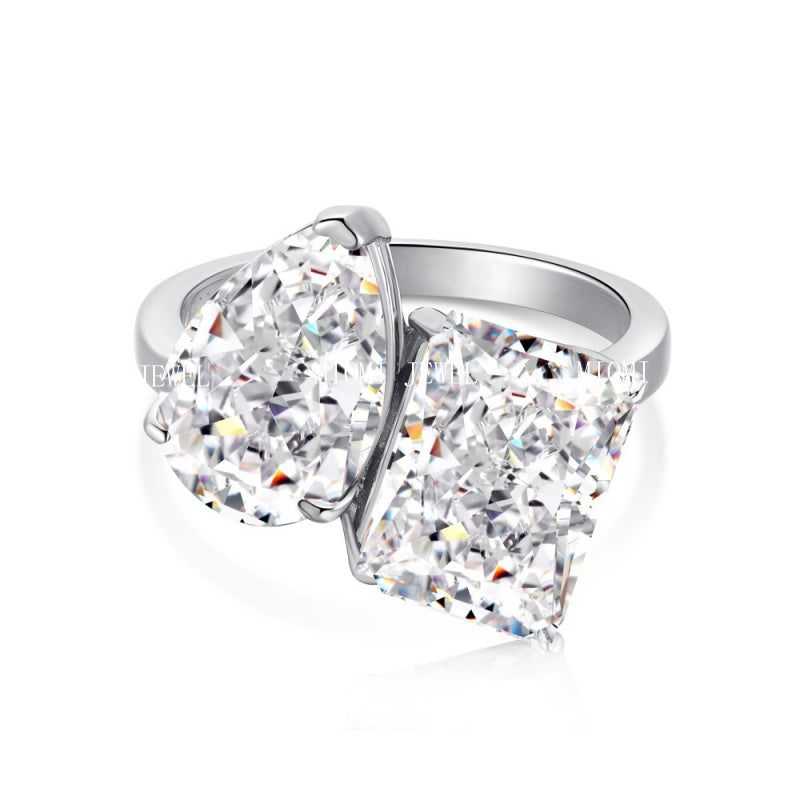 S925 Sterling Silver Double Main Stone Ice Flower Cut Ring for Women Inlaid with High Carbon Diamond Zircon European and American High-end Fashion Wedding Ring
