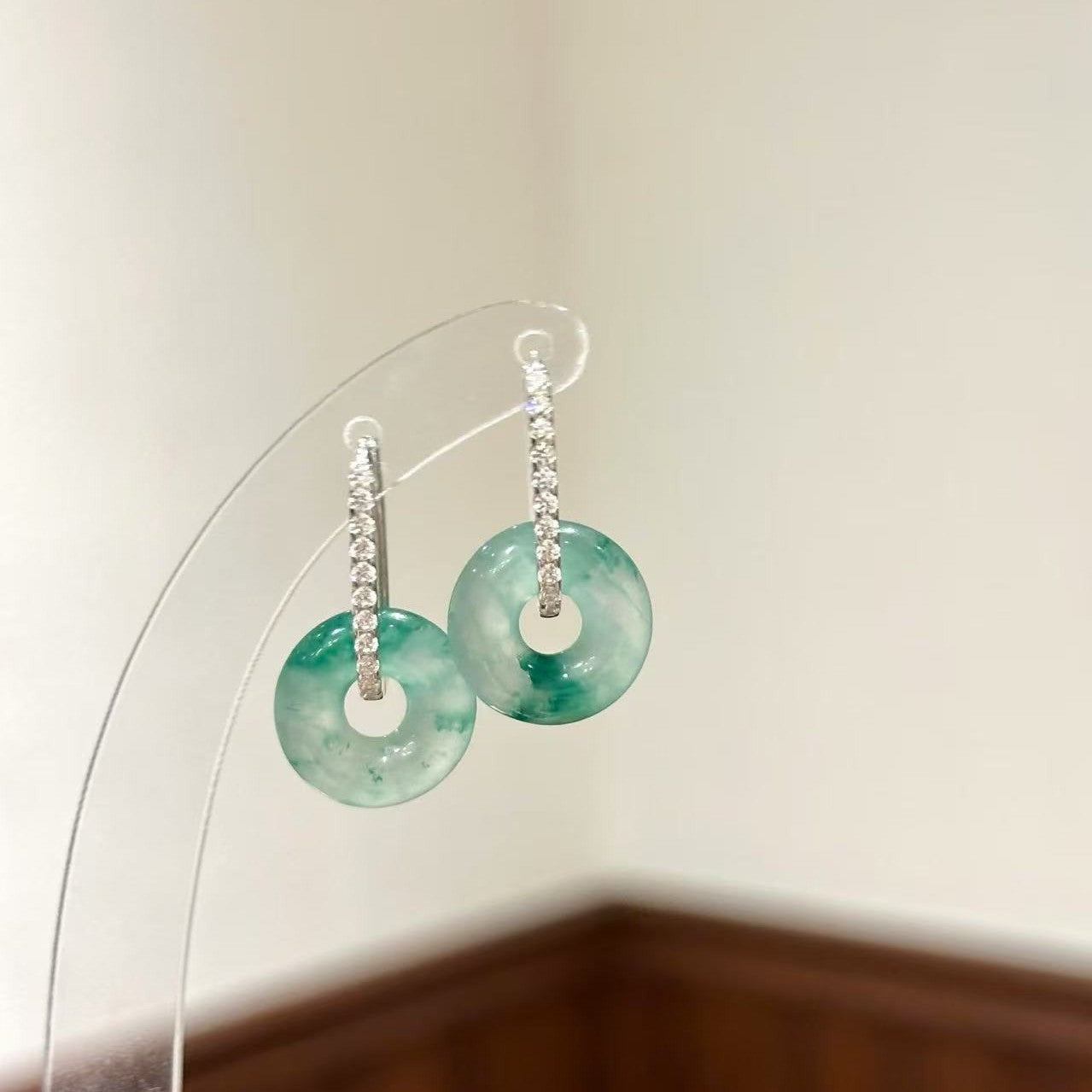 Pure Silver S925 Chinese Style African Jade Ice Floating Flower Donut Earrings Chinese Style Jade Plate Round Beads Light Luxury Exquisite Versatile