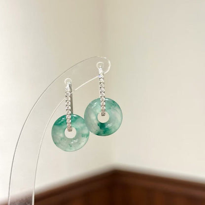 Pure Silver S925 Chinese Style African Jade Ice Floating Flower Donut Earrings Chinese Style Jade Plate Round Beads Light Luxury Exquisite Versatile