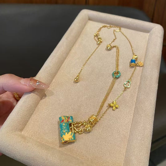 Pure Silver S925 Chinese Style Enamel Craft Longevity Lock Necklace for Women High-end Niche Exquisite