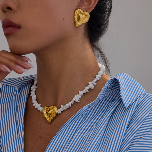 Earrings Titanium Steel Non-Fading High-End Feel Stainless Steel Hammered Heart White Crushed Stone Necklace