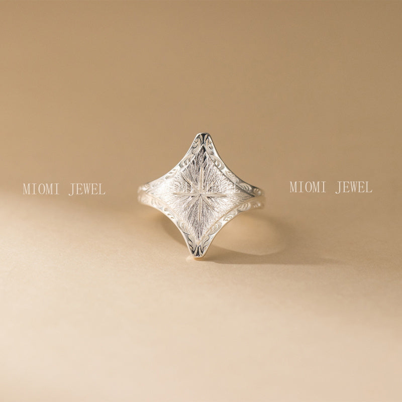 S925 Sterling Silver Vintage Light Luxury Brushed Four-Pointed Star Ring Open Design Sense Hand Jewelry for Women