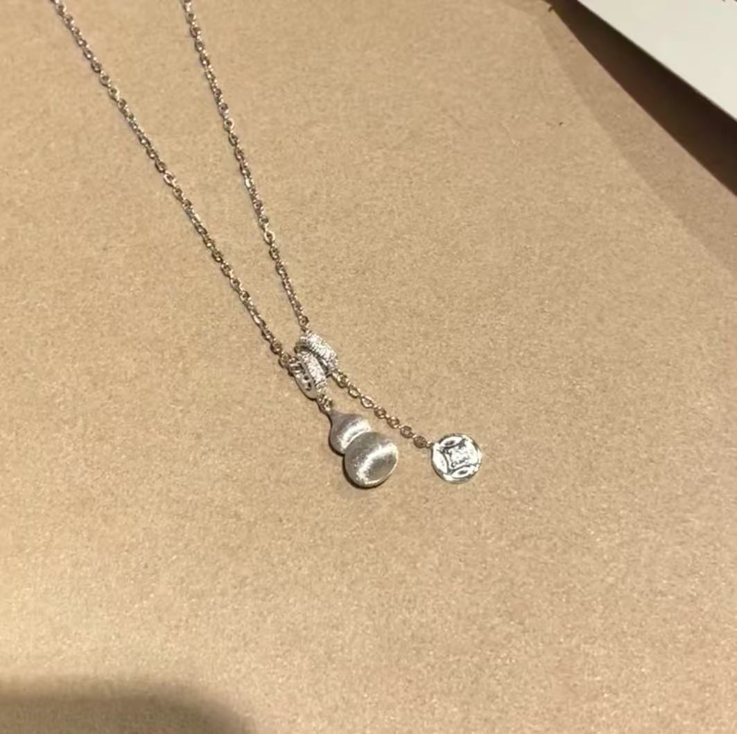 Pure Silver S925 Brushed Craft Gourd Fortune Gold Coin Necklace Exquisite Light Luxury High-end Niche Collarbone Chain