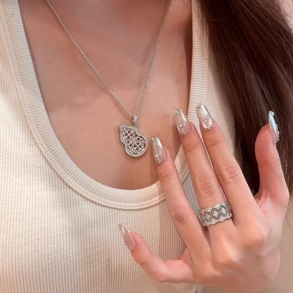 Pure Silver S925 Brushed Craft Lace Gourd Necklace Vintage Court Style High-end Feel Elegant Versatile Unique