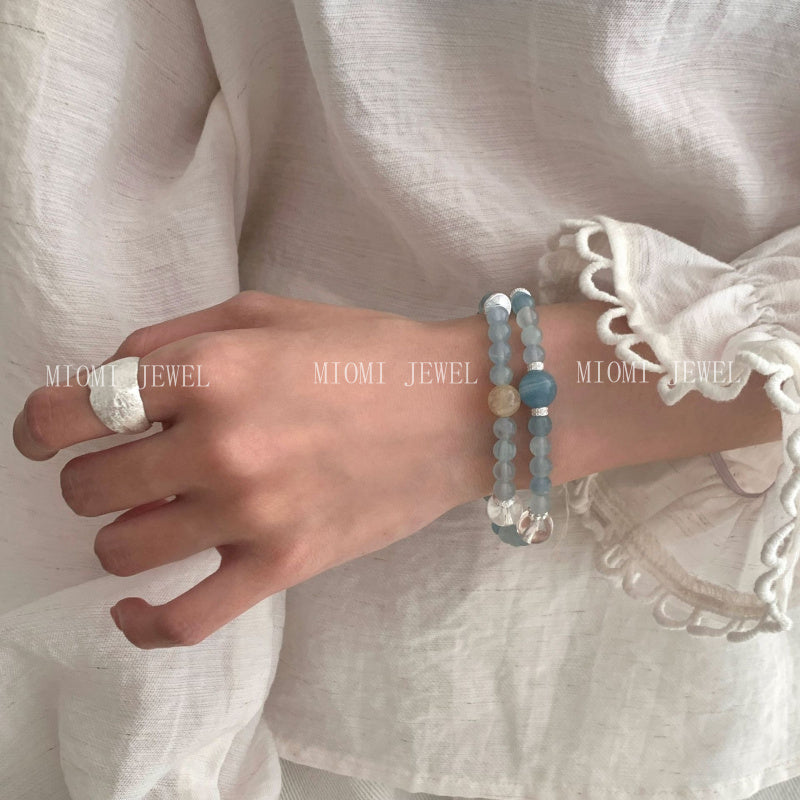 S925 Sterling Silver Natural Blue Yellow Crystal Double Circle Bracelet for Women Korean Minimalist Niche Design Bracelet