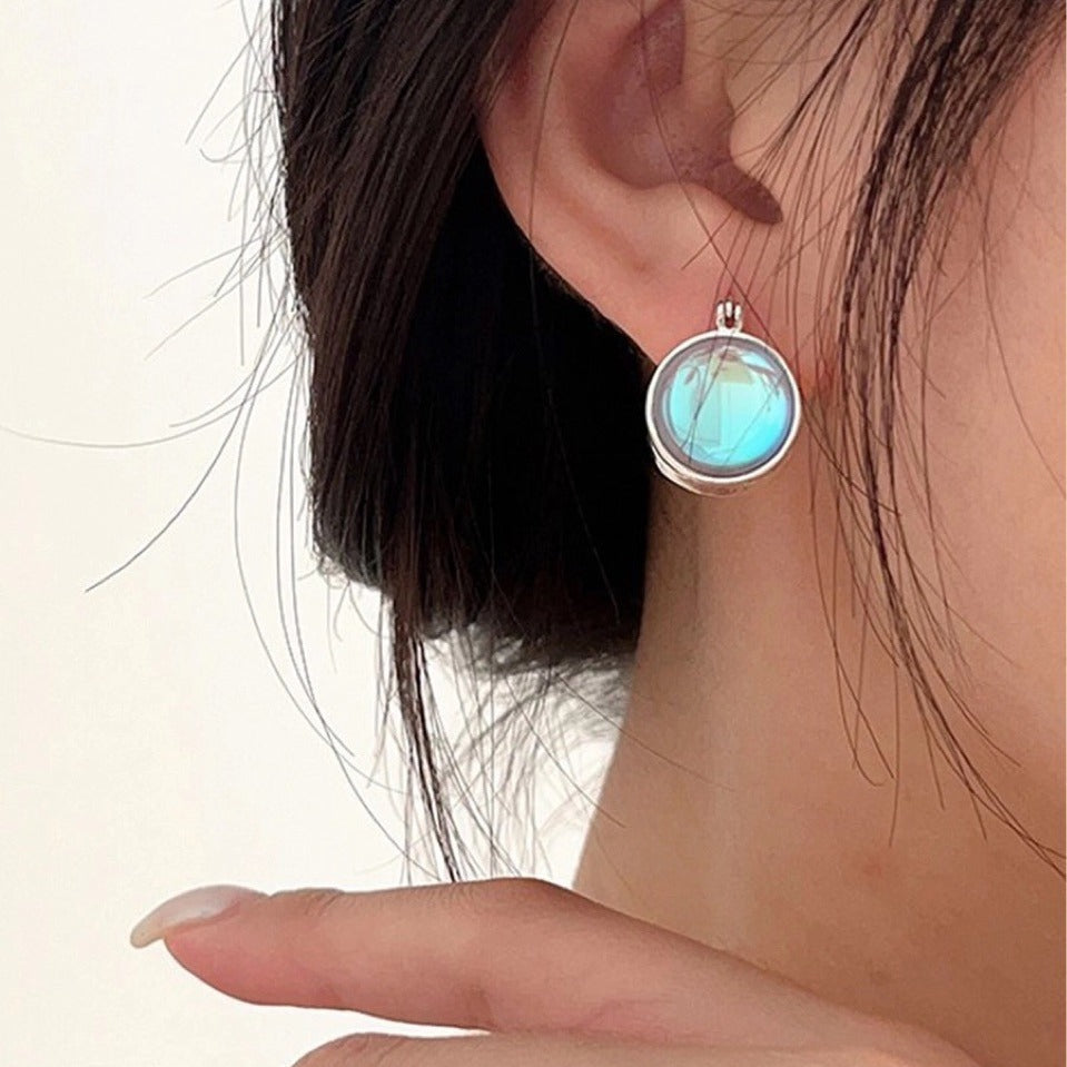 Korean Version S925 Sterling Silver Moonstone Earrings Studs for Women Summer Light Luxury Niche Elegant High-end Neutral Style High-end Super Fairy