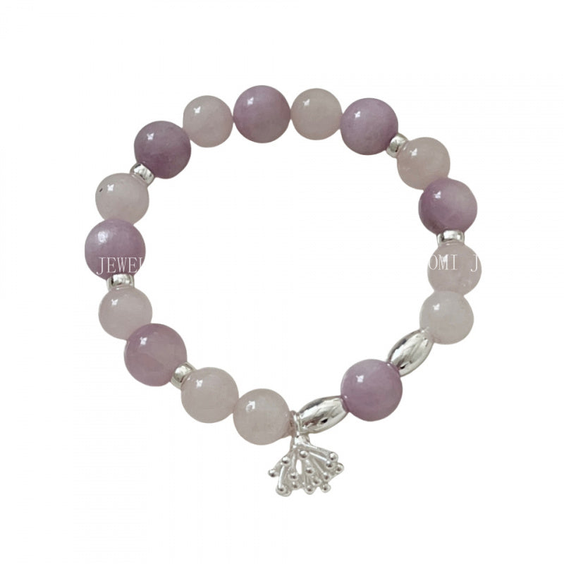 Korean Style Simple High-End Fresh S925 Sterling Silver Purple Mica Pink Crystal Flower Pistil Elastic Cord Bracelet for Women