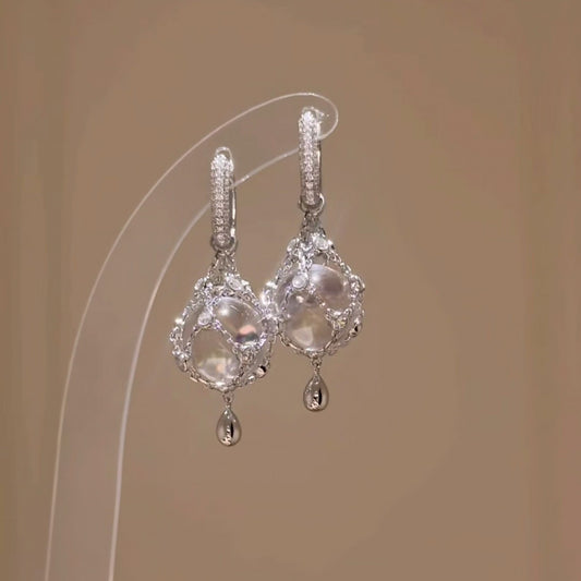 Pure Silver S925 Net Pocket Double A White Crystal & Swarovski Pearl Earrings Light Luxury High-end Earrings Fashion Ins Style Elegant