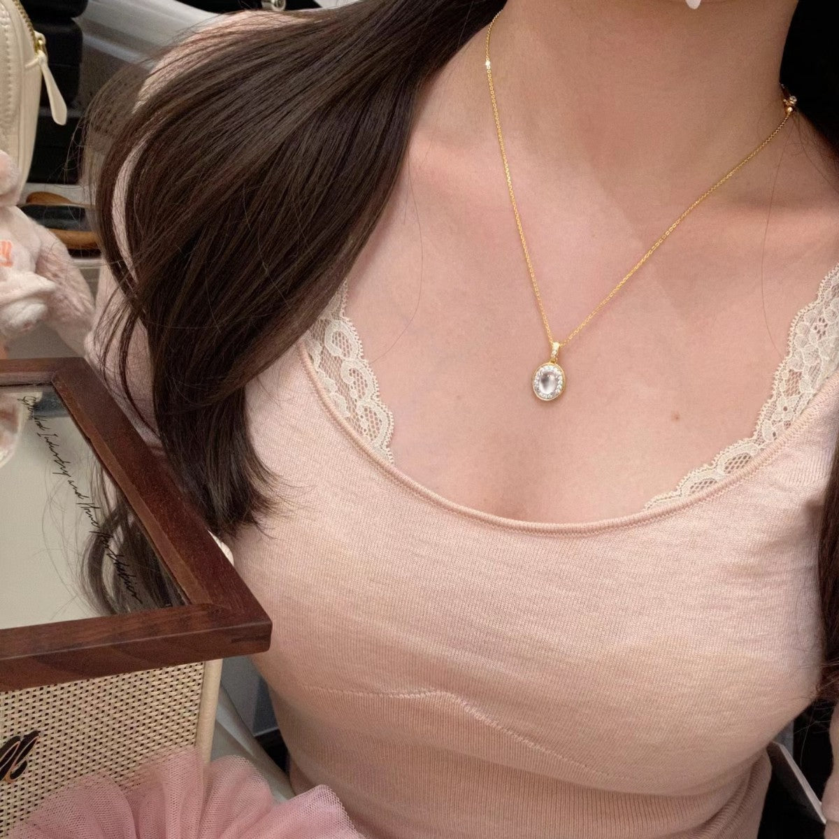 Italian Craft Pure Silver S925 18K Gold Plated Necklace Vintage Chinese Style Foam Jade Pendant Necklace Collarbone Chain