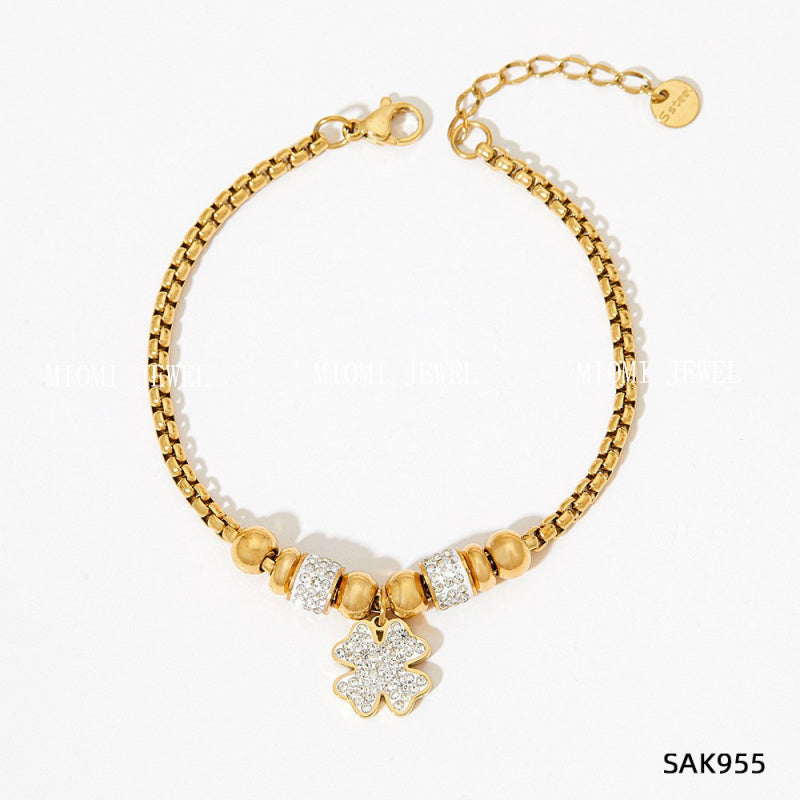 New Lucky Clover Bracelet for Women Stainless Steel Inlaid Diamond Four-Leaf Clover Bracelet Sweet Fairy Style Color-Retaining Jewelry