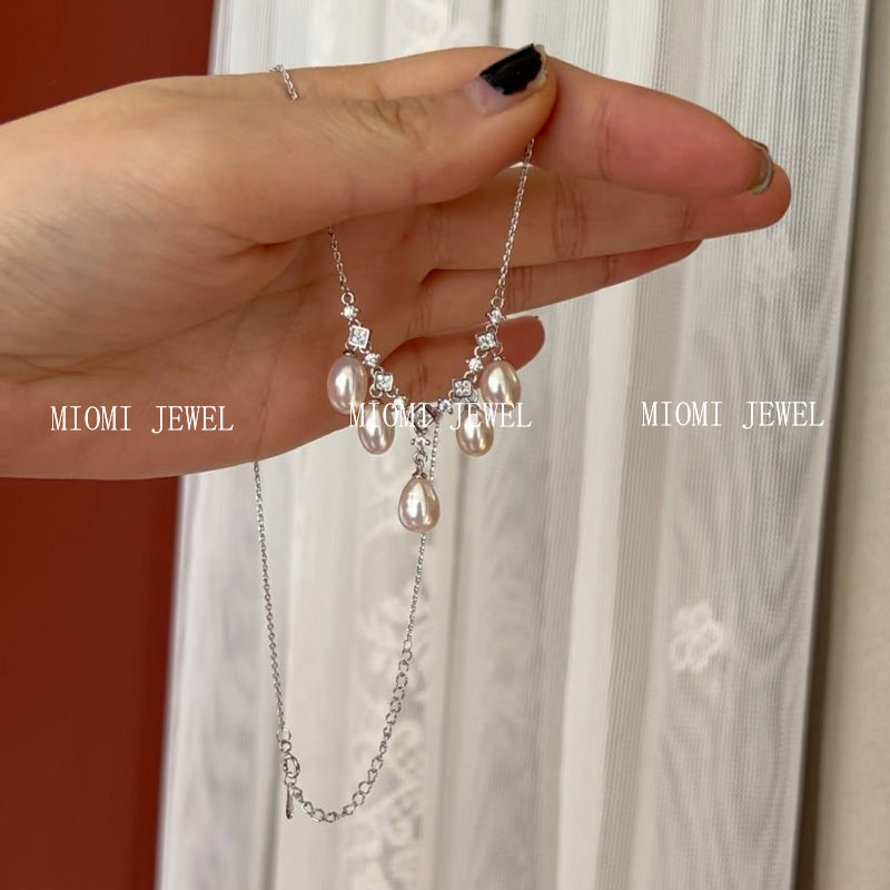 Natural Freshwater Rice-Shaped Aurora Pearl Necklace S925 Sterling Silver Women's Tassel Elegant Versatile Inlaid Zircon Collarbone Chain