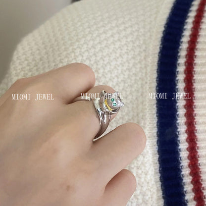 S925 Sterling Silver 3D Small Teacup Cat Ring for Women, Open Silver Ring whimsical