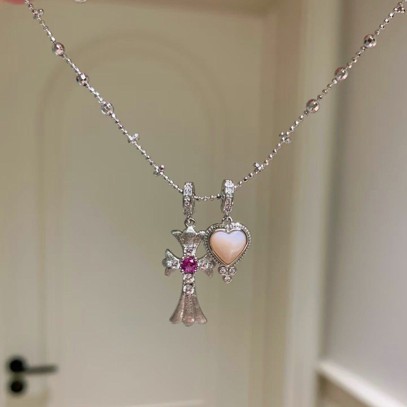 Sterling Silver S925 Brushed Craft American Retro Cross Heart Necklace Niche Design Light Luxury High-end Feel