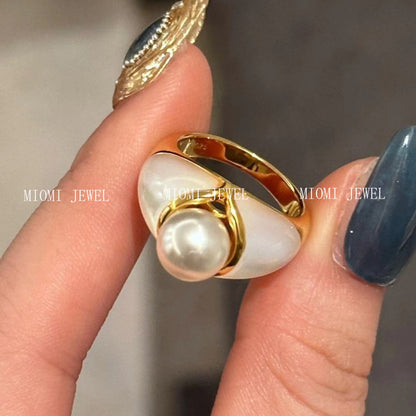 Princess Vintage Style Pearl White Shell Ring S925 Sterling Silver 18K Gold Plated Niche Jewelry