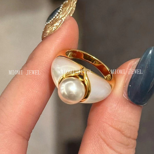 Princess Vintage Style Pearl White Shell Ring S925 Sterling Silver 18K Gold Plated Niche Jewelry