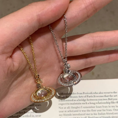 Sterling Silver S925 Double A White Crystal Saturn Sparkling Diamond Necklace High-End Sensibility Smart Niche Exquisite Light Luxury Clavicle Chain