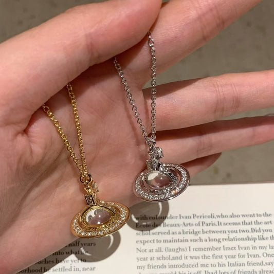 Sterling Silver S925 Double A White Crystal Saturn Sparkling Diamond Necklace High-End Sensibility Smart Niche Exquisite Light Luxury Clavicle Chain