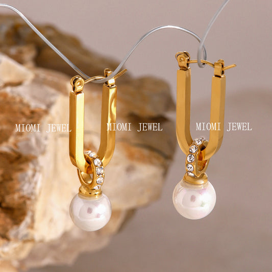 Jieding Jewelry Stainless Steel Pearl Earrings Zircon Studs High-End Ins Style Earrings 18k Gold Titanium Steel Ear Clips