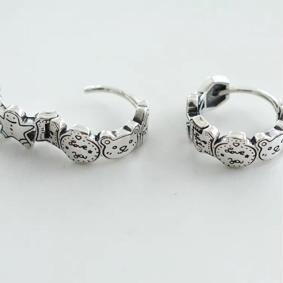 Korean Version Pure Silver 925 Vintage Cartoon Bear Circle Earrings Studs for Women Niche Trendy Personality Fashion