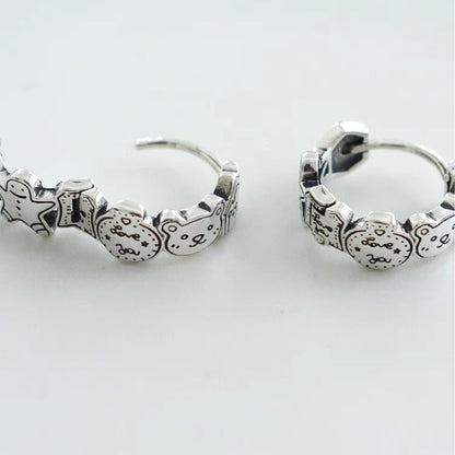 Korean Version Pure Silver 925 Vintage Cartoon Bear Circle Earrings Studs for Women Niche Trendy Personality Fashion
