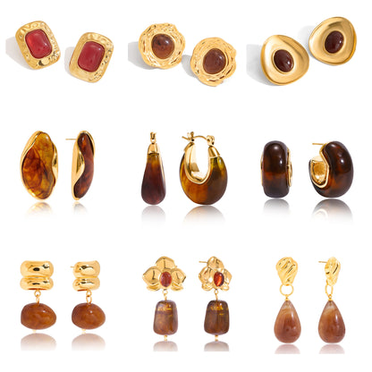 Stainless Steel Amber Resin Earrings Light Luxury High-end Earrings Non-fading Stainless Steel Ear Accessories
