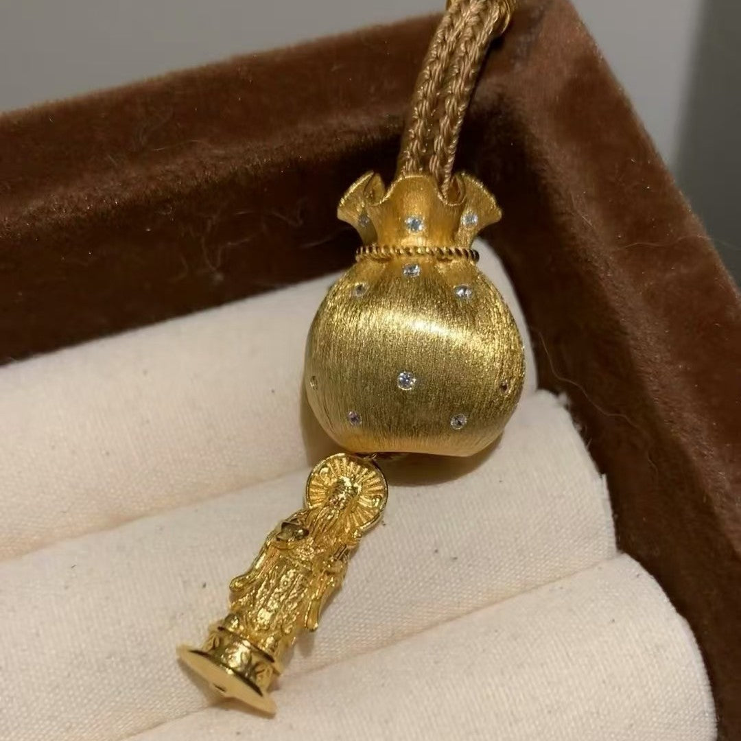 Pure Silver S925 Brown Rope Brushed Craft Large Lucky Bag with Heaven and Earth God of Wealth Sweater Chain