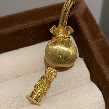 Pure Silver S925 Brown Rope Brushed Craft Large Lucky Bag with Heaven and Earth God of Wealth Sweater Chain