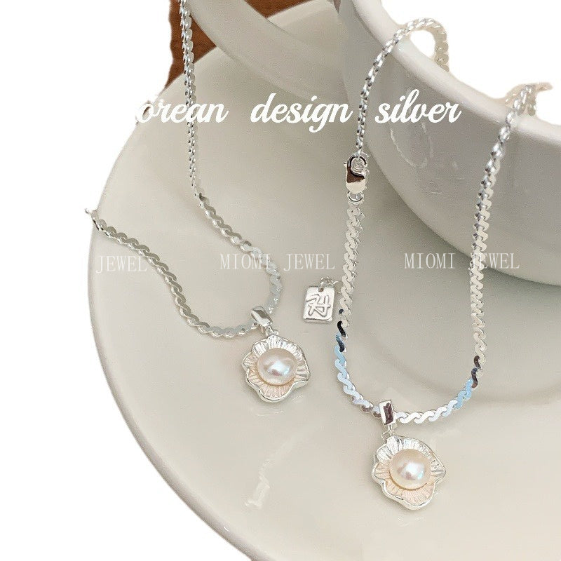 Korean Style Blogger Same Style Jewelry S925 Sterling Silver Poached Egg Pearl Necklace Niche Design Versatile Women's Style