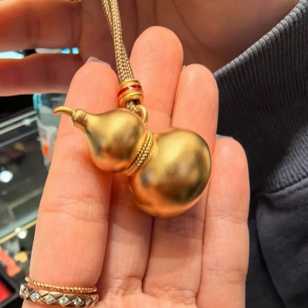 Pure Silver S925 Ancient Gold Gourd Pendant Sweater Chain Fortune and Prosperity Pendant Handwoven Adjustable Sweater Chain
