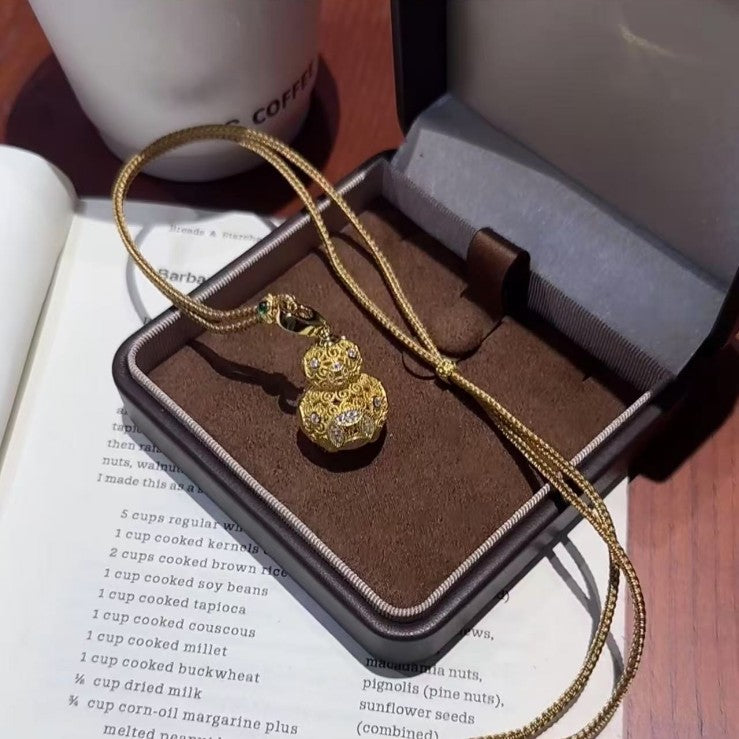 Sterling Silver S925New Chinese Style National Style Filigree Gourd Brown Rope Sweater Chain Light Luxury Fashion Versatile High-end Palace Style