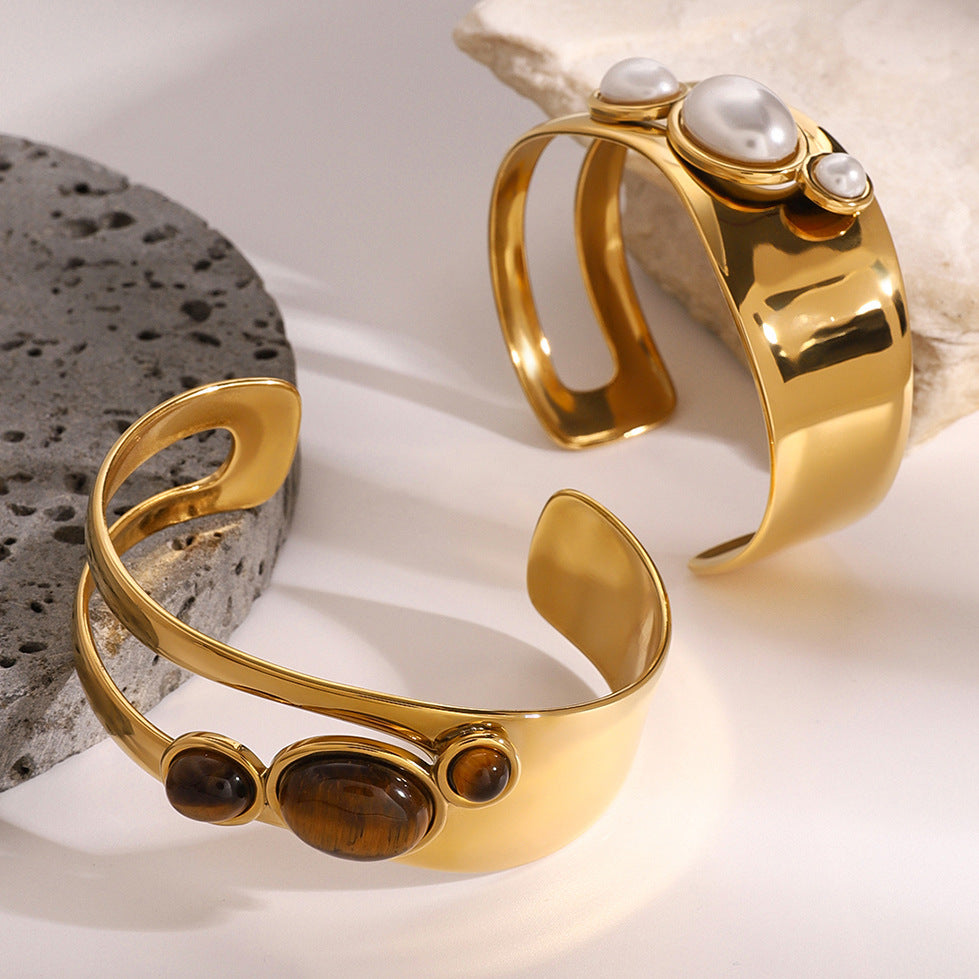 Stainless Steel Hollow Pearl Bracelet High Version Natural Stone Open Bangle Titanium Steel Jewelry