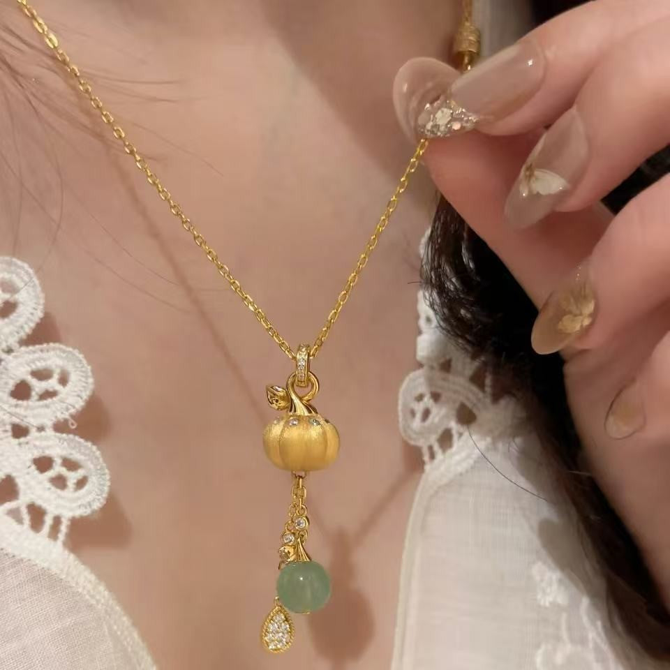 Pure Silver S925 Brushed Craft Pumpkin Necklace Niche Light Luxury Jade Round Bead Brushed Gourd Necklace for Women Ins Super Fairy