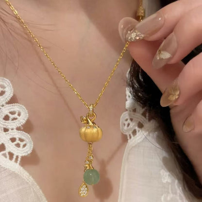 Pure Silver S925 Brushed Craft Pumpkin Necklace Niche Light Luxury Jade Round Bead Brushed Gourd Necklace for Women Ins Super Fairy