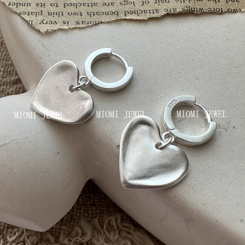 S925 Sterling Silver Korean Version Niche Design Matte Heart Earrings Vintage Simple Korean Style Basic Earrings