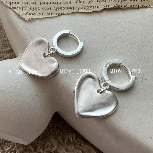 S925 Sterling Silver Korean Version Niche Design Matte Heart Earrings Vintage Simple Korean Style Basic Earrings