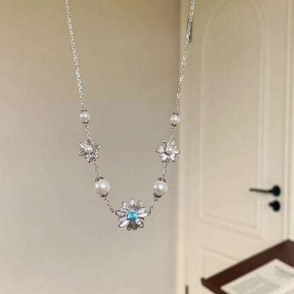 Pure Silver S925 Brushed Craft Small Daisy Pearl Necklace Light Luxury High-end Niche Versatile Collarbone Chain
