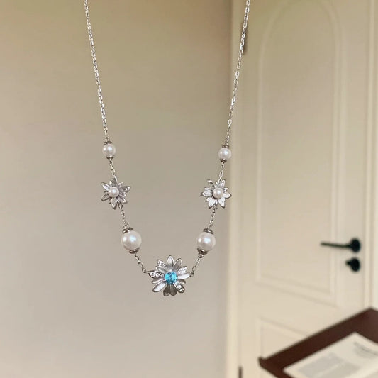 Pure Silver S925 Brushed Craft Small Daisy Pearl Necklace Light Luxury High-end Niche Versatile Collarbone Chain