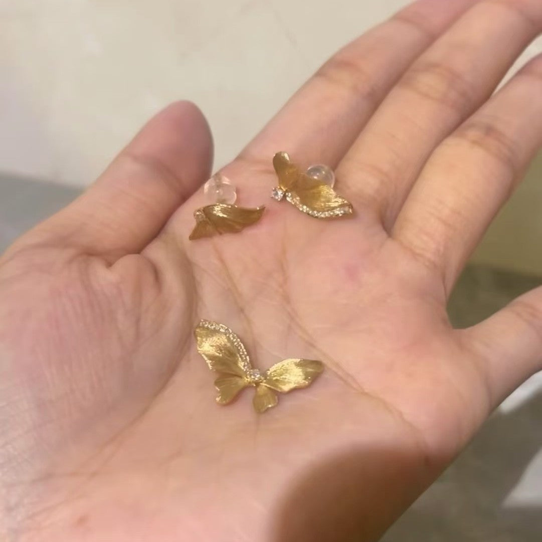 Sterling Silver s925French Retro Brushed Butterfly Necklace and Earring Set Niche Zircon Collarbone Chain