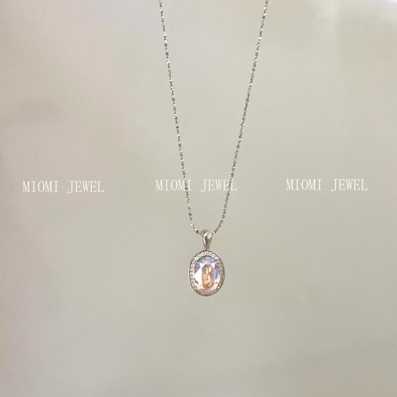 S925 Sterling Silver French Style Brilliant Violet Ice Flower Zircon Necklace Pigeon Egg Oval Pendant Full Diamond