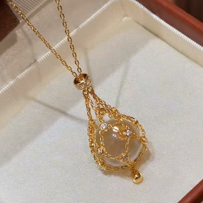 Pure Silver S925 Natural Double A White Crystal Net Pocket Necklace Vintage Fashion Light Luxury Lady Style Sweater Chain Adjustable Chain