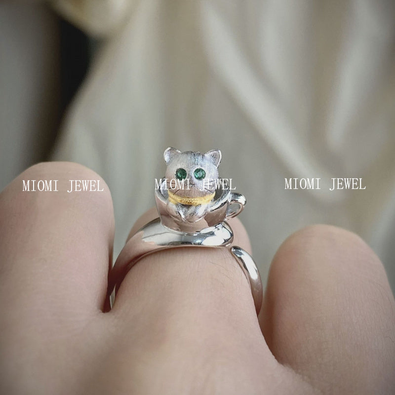S925 Sterling Silver 3D Small Teacup Cat Ring for Women, Open Silver Ring whimsical