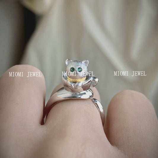 S925 Sterling Silver 3D Small Teacup Cat Ring for Women, Open Silver Ring whimsical